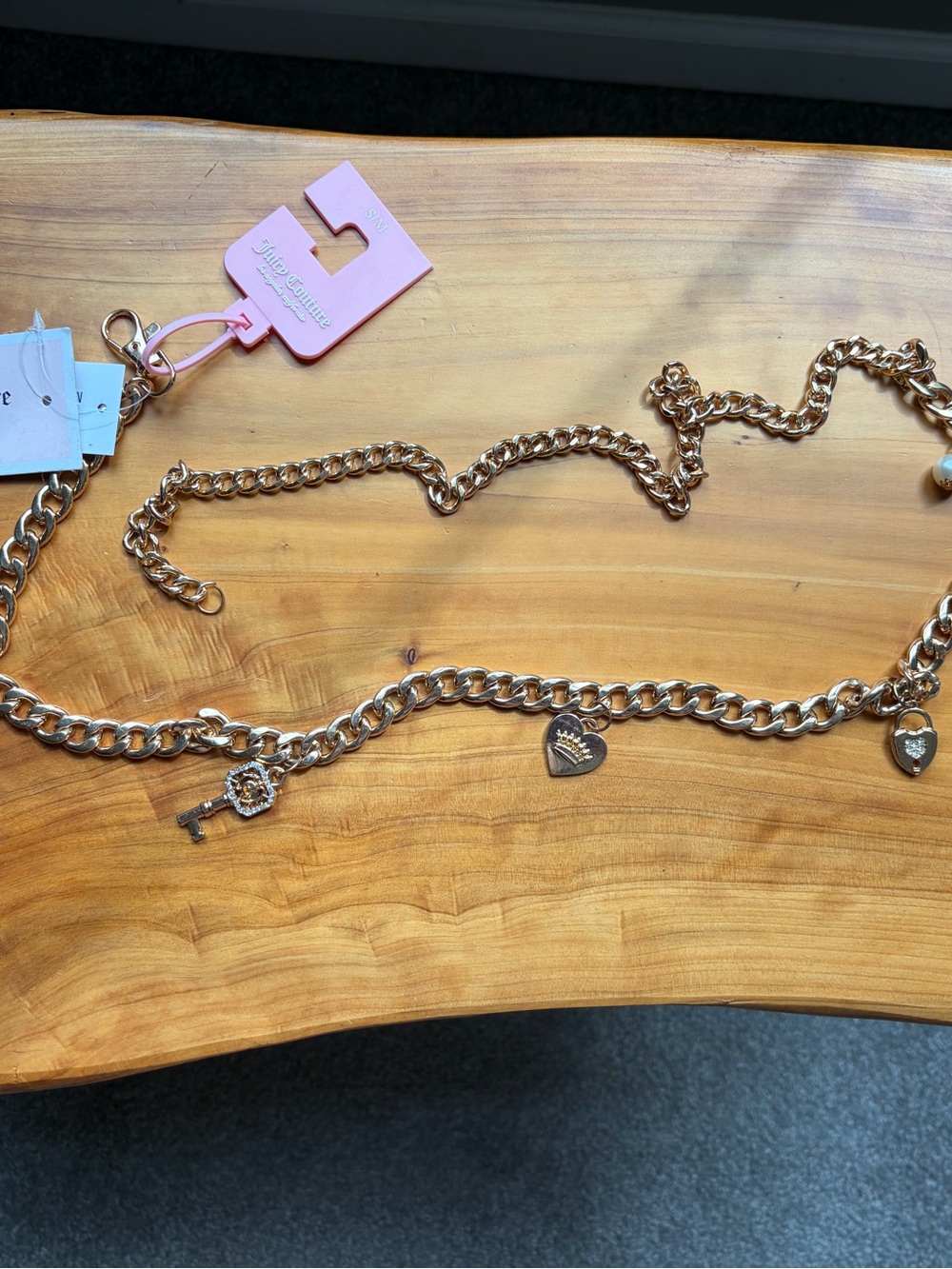 Juicy Couture Gold Tone Charm Chain Belt with Heart & Key Charms